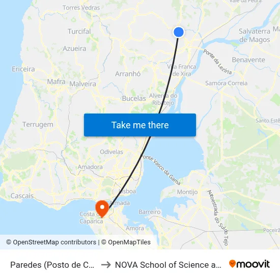 Paredes (Posto de Combustível) to NOVA School of Science and Technology map