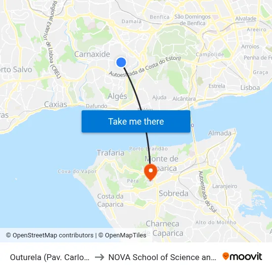 Outurela (Pav. Carlos Queiroz) to NOVA School of Science and Technology map