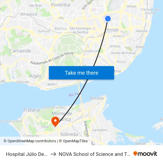 Hospital Júlio De Matos to NOVA School of Science and Technology map