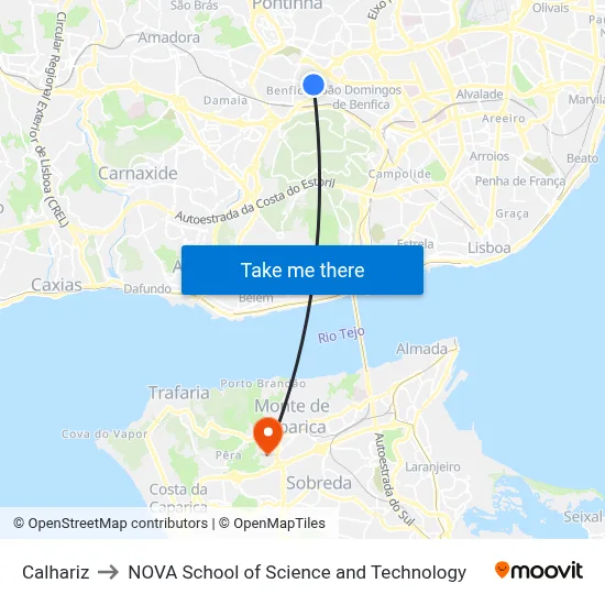 Calhariz to NOVA School of Science and Technology map