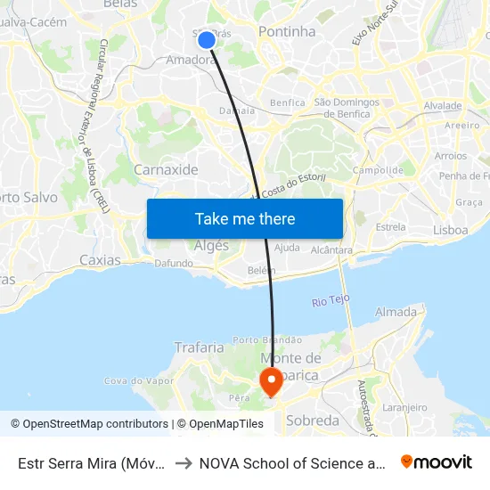 Estr Serra Mira (Móveis Salima) to NOVA School of Science and Technology map