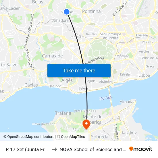 R 17 Set (Junta Freguesia) to NOVA School of Science and Technology map