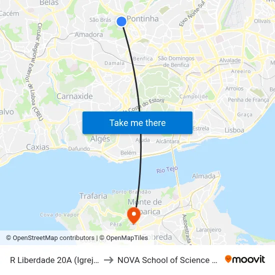 R Liberdade 20A (Igreja Evangélica) to NOVA School of Science and Technology map