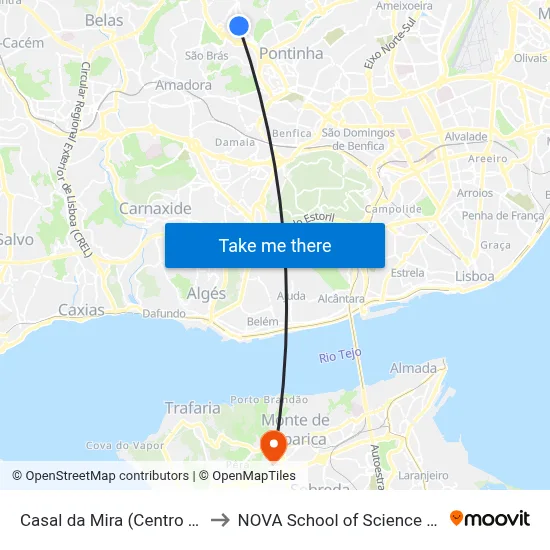Casal da Mira (Centro Comercial) P5 to NOVA School of Science and Technology map