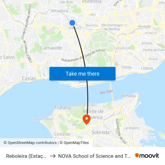Reboleira (Estação) P2 to NOVA School of Science and Technology map