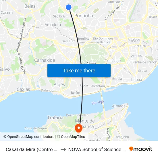 Casal da Mira (Centro Comercial) P6 to NOVA School of Science and Technology map