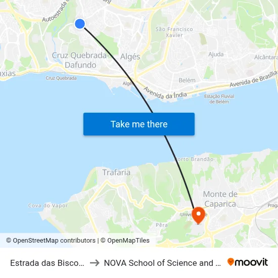 Estrada das Biscoiteiras 8 to NOVA School of Science and Technology map
