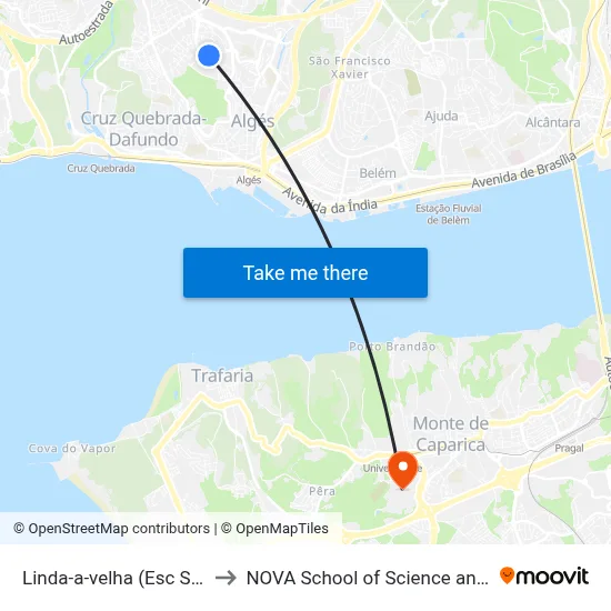 Linda-a-velha (Esc Secundária) to NOVA School of Science and Technology map