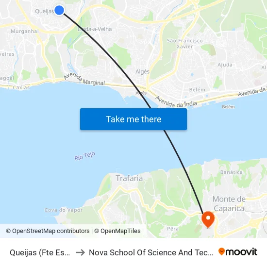 Queijas (Fte Escola) to Nova School Of Science And Technology map
