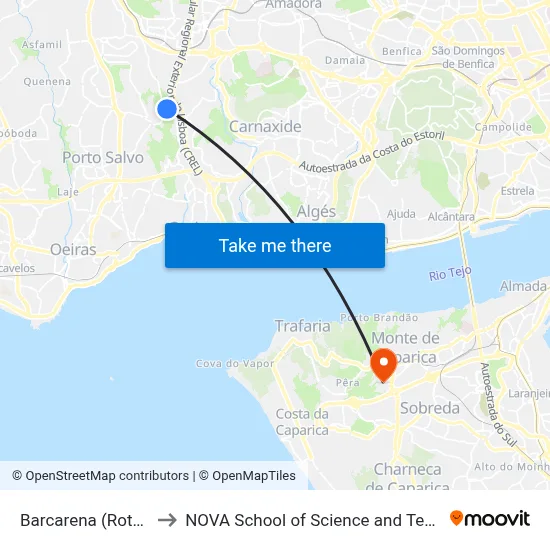 Barcarena (Rotunda) to NOVA School of Science and Technology map