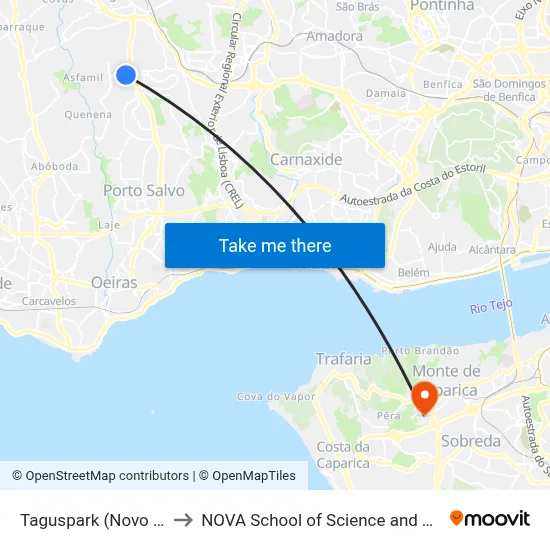 Taguspark (Novo Banco) to NOVA School of Science and Technology map