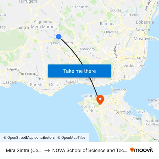 Mira Sintra (Centro) to NOVA School of Science and Technology map