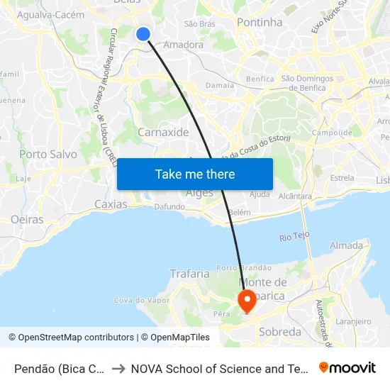 Pendão (Bica Costa) to NOVA School of Science and Technology map