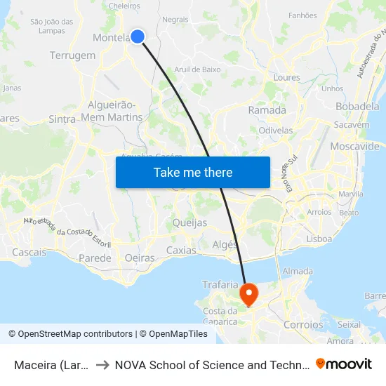 Maceira (Largo) to NOVA School of Science and Technology map