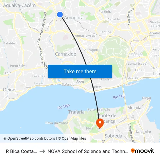 R Bica Costa 31 to NOVA School of Science and Technology map