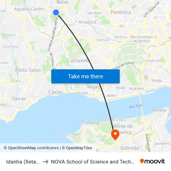 Idanha (Xetaria) to NOVA School of Science and Technology map