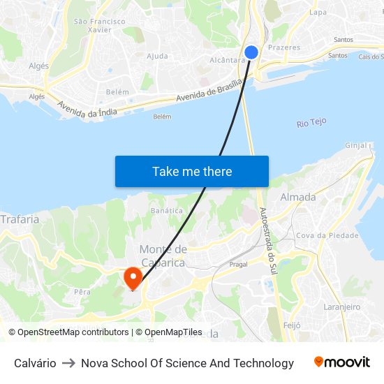 Calvário to Nova School Of Science And Technology map