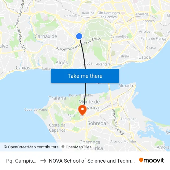 Pq. Campismo to NOVA School of Science and Technology map