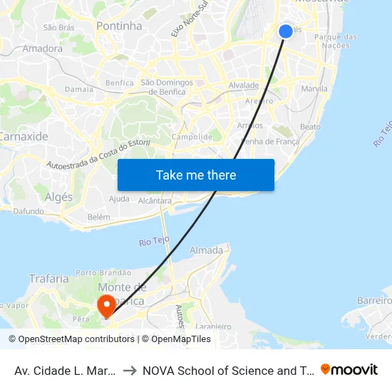Av. Cidade L. Marques N to NOVA School of Science and Technology map