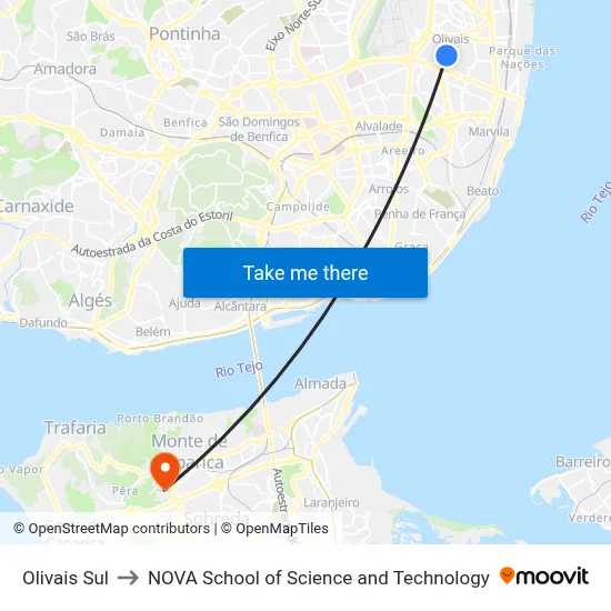 Olivais Sul to NOVA School of Science and Technology map