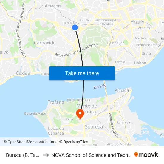 Buraca (B. Tacha) to NOVA School of Science and Technology map