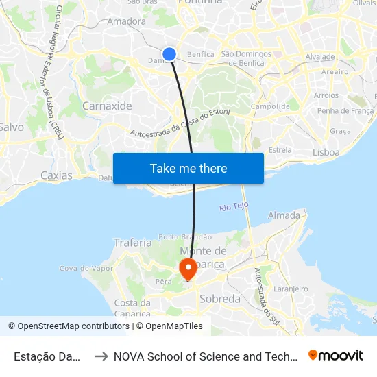 Estação Damaia to NOVA School of Science and Technology map