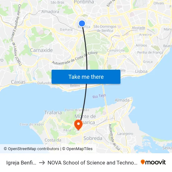 Igreja Benfica to NOVA School of Science and Technology map