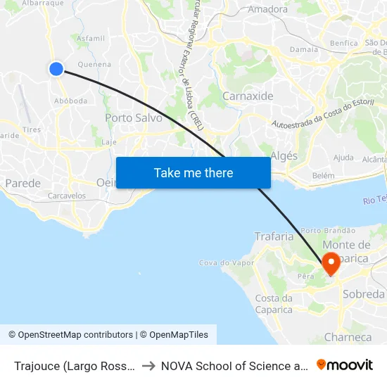 Trajouce (Largo Rossio Pequeno) to NOVA School of Science and Technology map