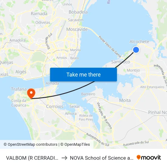 VALBOM (R CERRADINHO PRAIA) to NOVA School of Science and Technology map