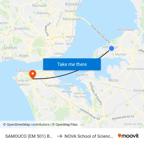 SAMOUCO (EM 501) BAIRRO NOVO 210 to NOVA School of Science and Technology map