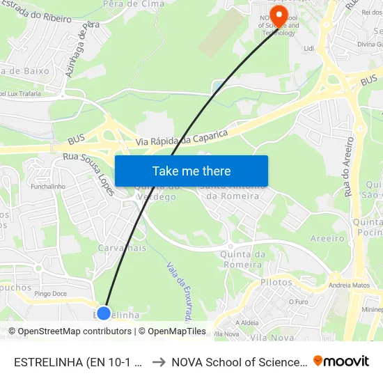 ESTRELINHA (EN 10-1 674) CAPUCHOS to NOVA School of Science and Technology map