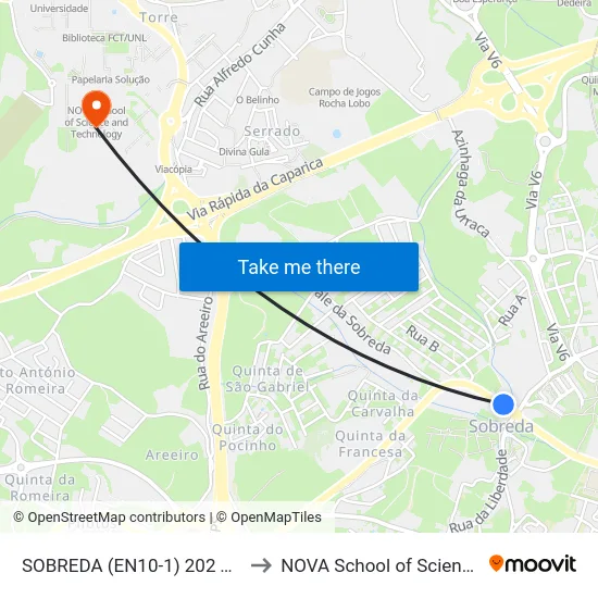 SOBREDA (EN10-1) 202 TEXUGO (ROTUNDA) to NOVA School of Science and Technology map