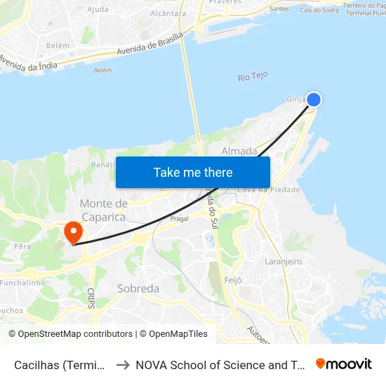 Cacilhas (Terminal) P3 to NOVA School of Science and Technology map