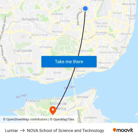 Lumiar to NOVA School of Science and Technology map