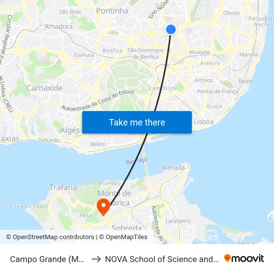 Campo Grande (Metro) P19 to NOVA School of Science and Technology map