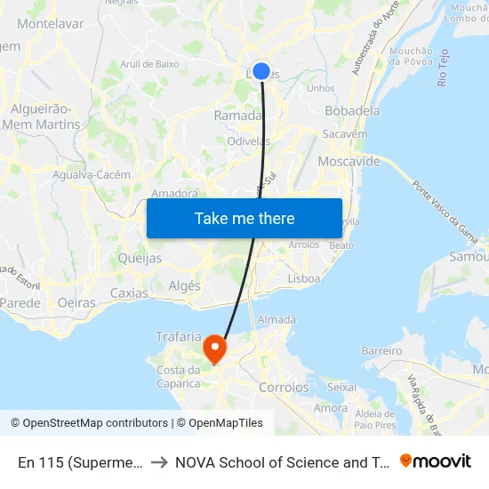 En 115 (Supermercado) to NOVA School of Science and Technology map