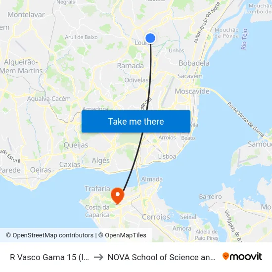 R Vasco Gama 15 (Infantado) to NOVA School of Science and Technology map