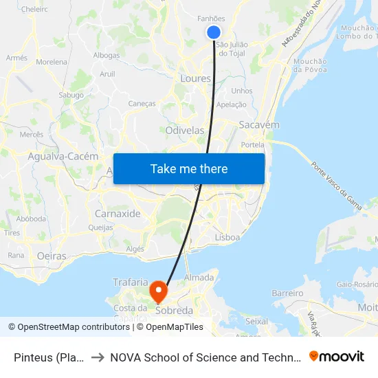 Pinteus (Placa) to NOVA School of Science and Technology map