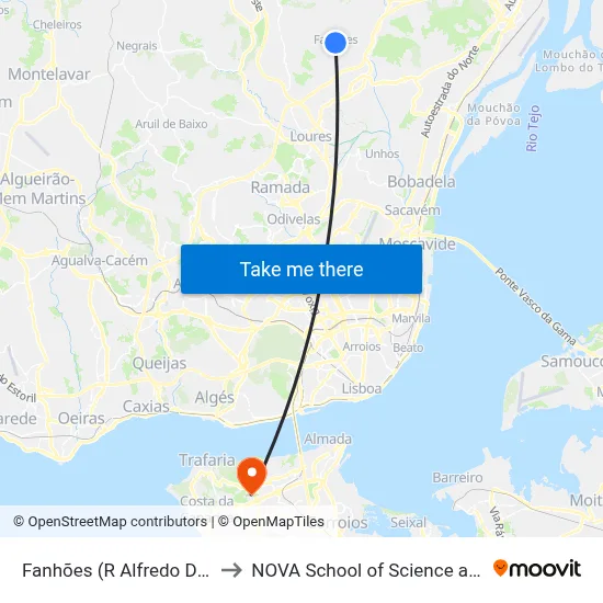 Fanhões (R Alfredo Dinis Alex 13) to NOVA School of Science and Technology map