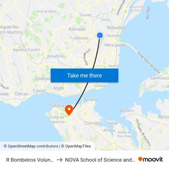 R Bombeiros Voluntários 24 to NOVA School of Science and Technology map