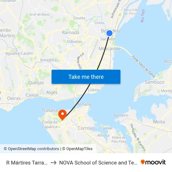 R Mártires Tarrafal 43 to NOVA School of Science and Technology map