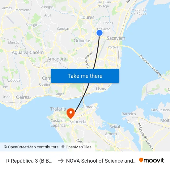 R República 3 (B Bogalheira) to NOVA School of Science and Technology map