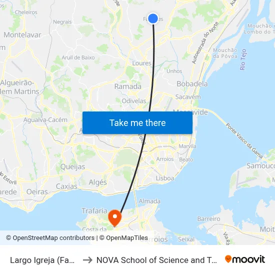 Largo Igreja (Fanhões) to NOVA School of Science and Technology map