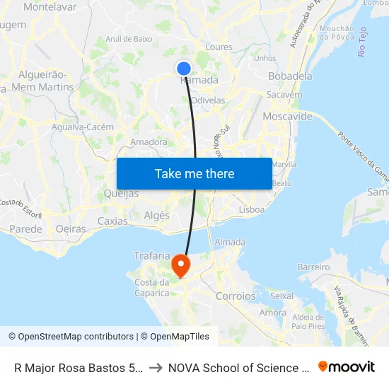 R Major Rosa Bastos 58 (Montemor) to NOVA School of Science and Technology map