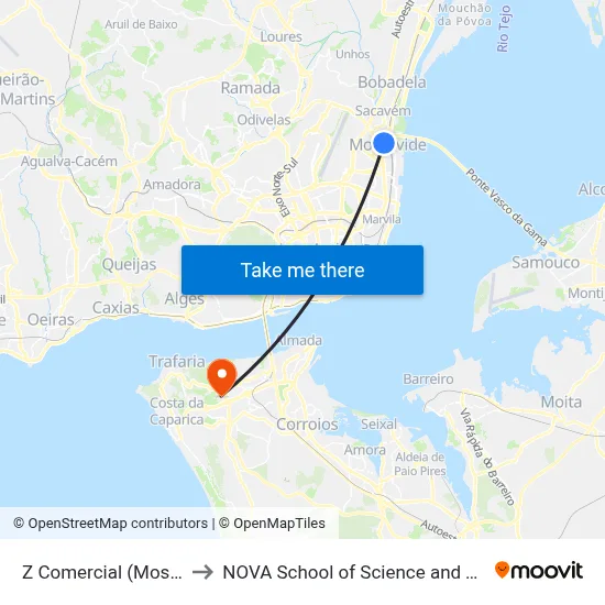 Z Comercial (Moscavide) to NOVA School of Science and Technology map