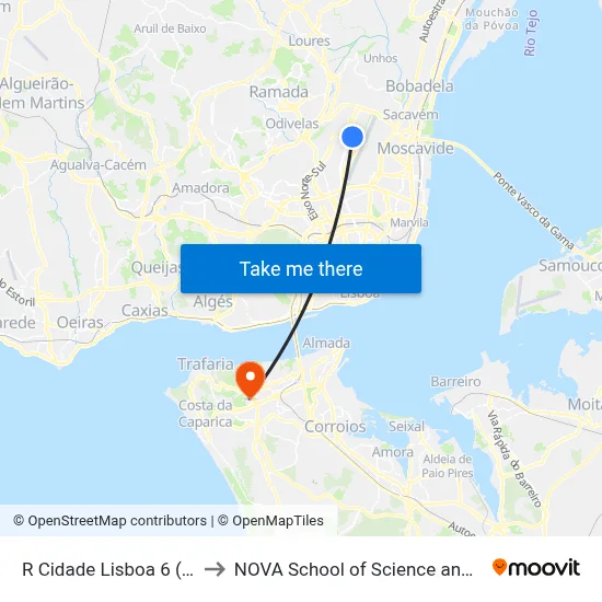 R Cidade Lisboa 6 (C Saude) to NOVA School of Science and Technology map