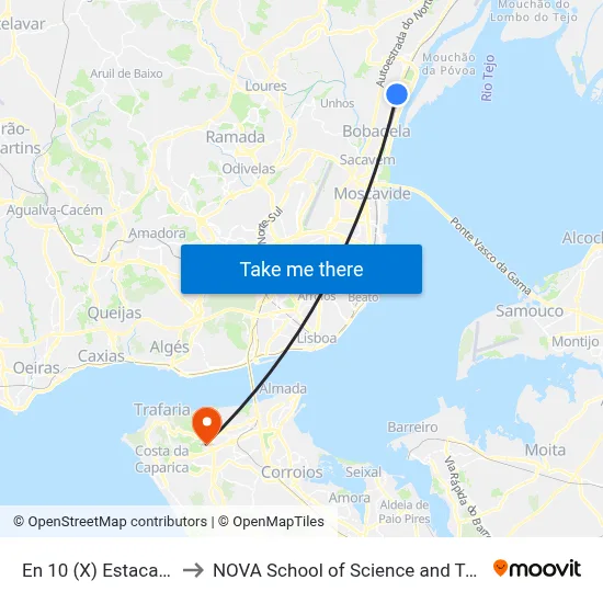 En 10 (X) Estacal Novo to NOVA School of Science and Technology map