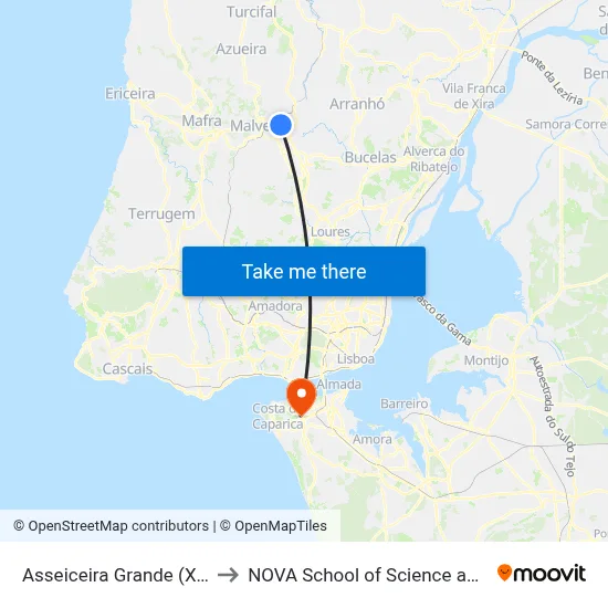 Asseiceira Grande (X) Jerumelo to NOVA School of Science and Technology map
