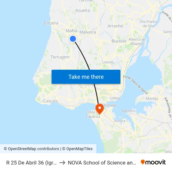 R 25 De Abril 36 (Igreja Nova) to NOVA School of Science and Technology map