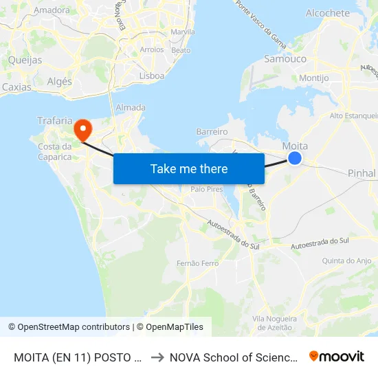MOITA (EN 11) POSTO COMBUST (ROT) to NOVA School of Science and Technology map